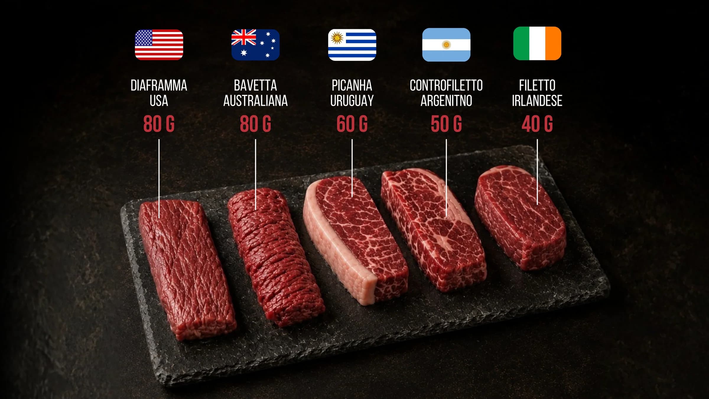 Percorso di degustazione con cinque tagli di carne da USA, Australia, Uruguay, Argentina e Irlanda