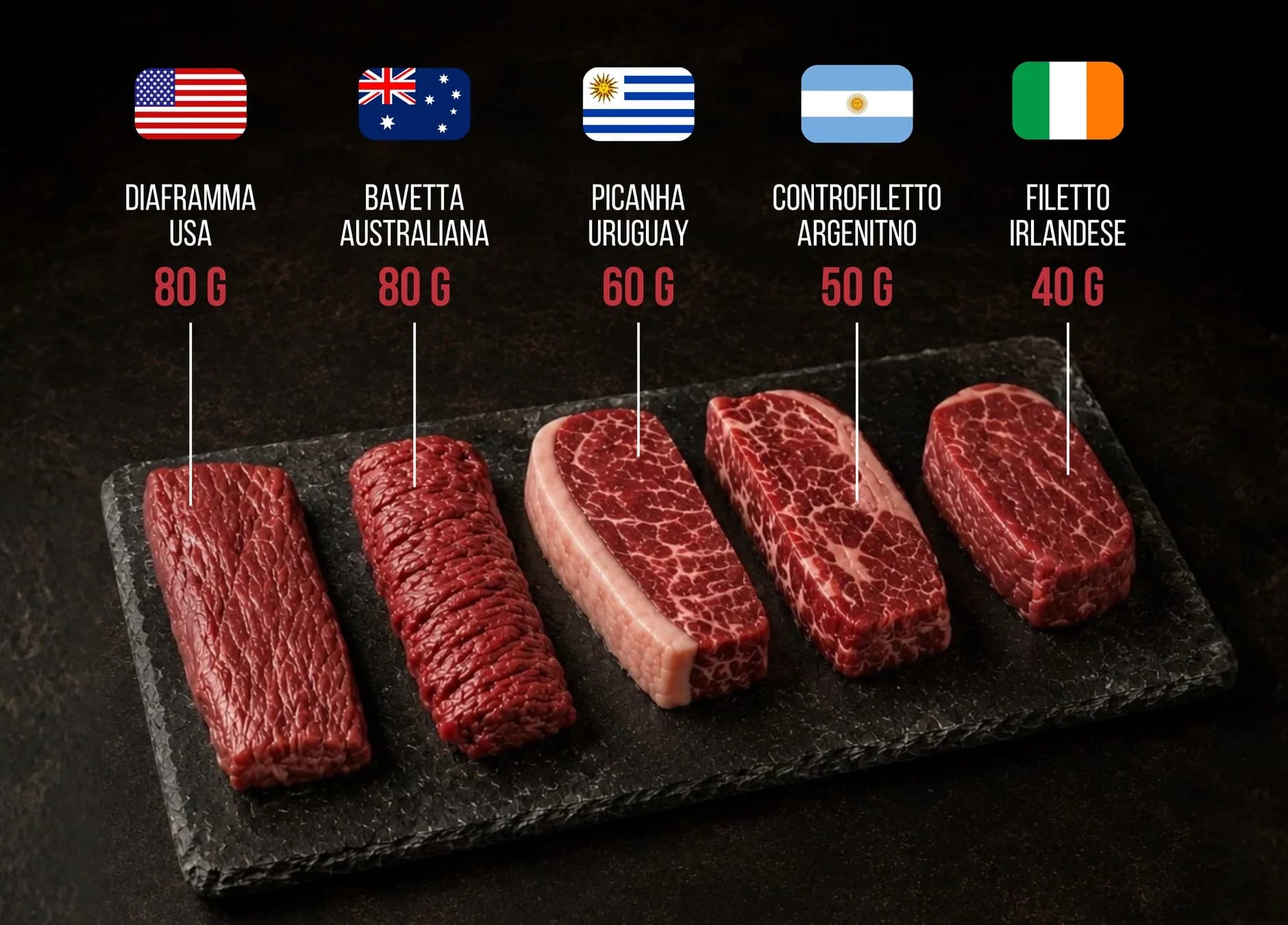 Percorso di degustazione con cinque tagli di carne da USA, Australia, Uruguay, Argentina e Irlanda